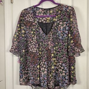 1.STATE Floral Pleated V-Neck Chiffon Blouse XL